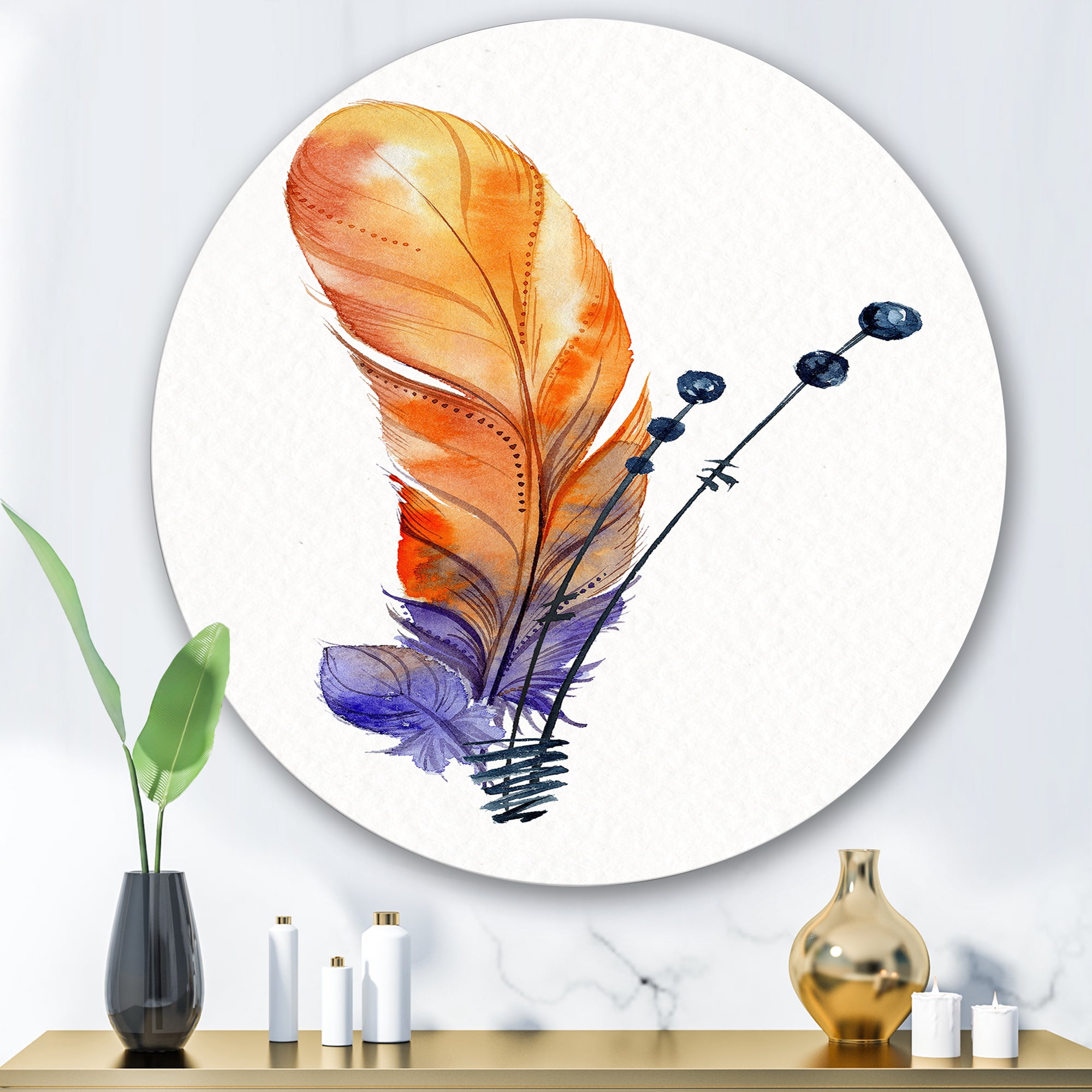 Designart 'Ethnic Orange Animal Feather Composition' Bohemian & Eclectic Circle Metal Wall Art 36x36 - Disc of 36