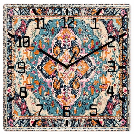 Boho Colorful Wooden Wall Clock Silent Non Ticking, Ethnic Modern Geometric Abstract Art Square Wall Clocks Battery Operated, Decor Clock for Home Office, Living Room, Kitchen, 12 Inch