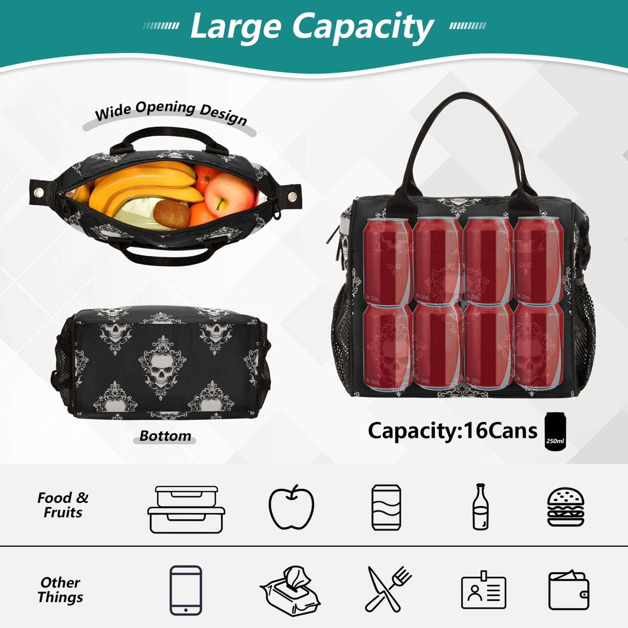 Lunch Bag Insulated Lunch Box Leakproof Reusable Cooler Tote Adjustable Shoulder Strap for Men Women Cool Skulls Filigree 12L