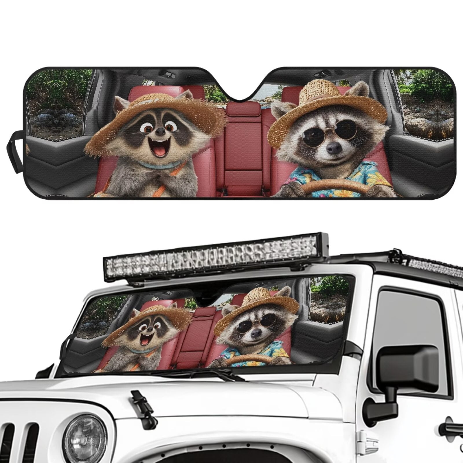 HUIACONG Cute Raccoon Windshield Sun Shade for 2018-2025 Jeep Wrangler JL JLU & 2020-2025 Jeep Gladiator 310T Polyester Covered Foldable Front Sunshade, Blocks UV Rays and Heat, Outdoor Camping