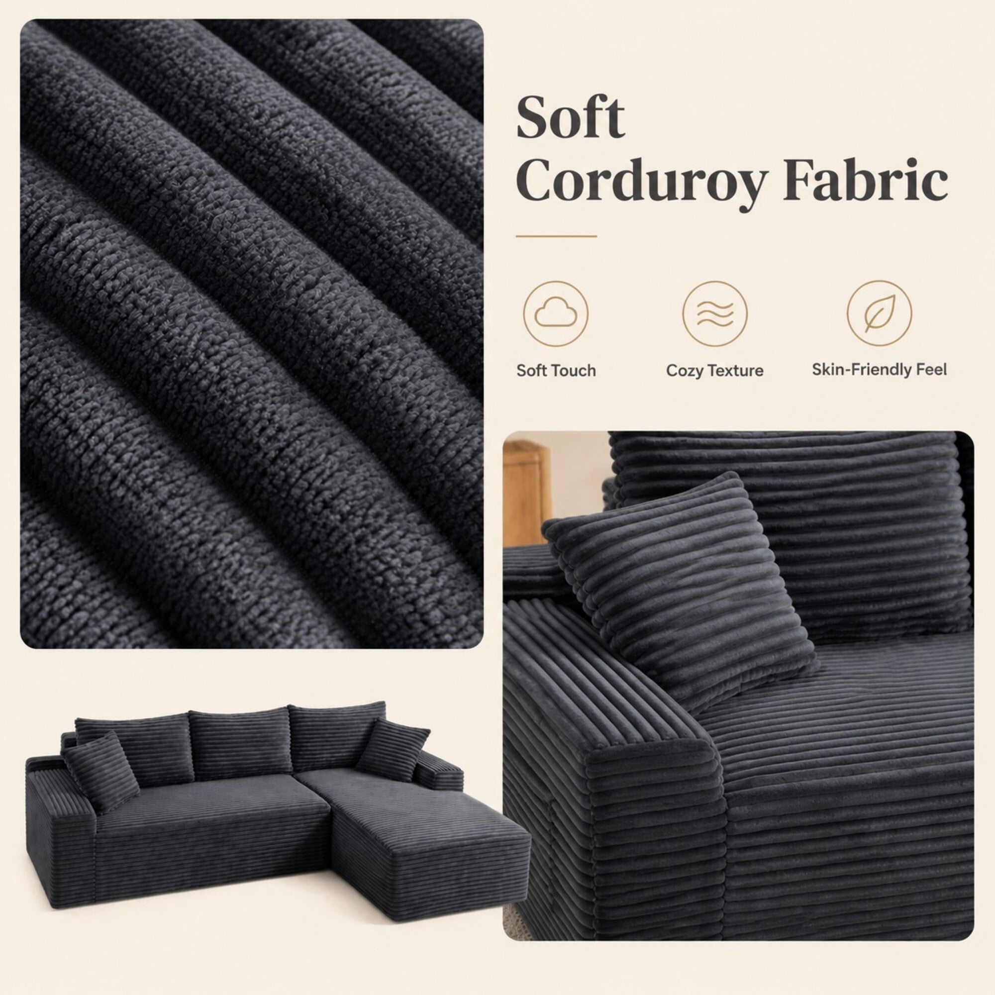 DEALTOPS 106 Inch Modular Corduroy Sectional Sofa with Right Chaise, No Assembly Required, Gray