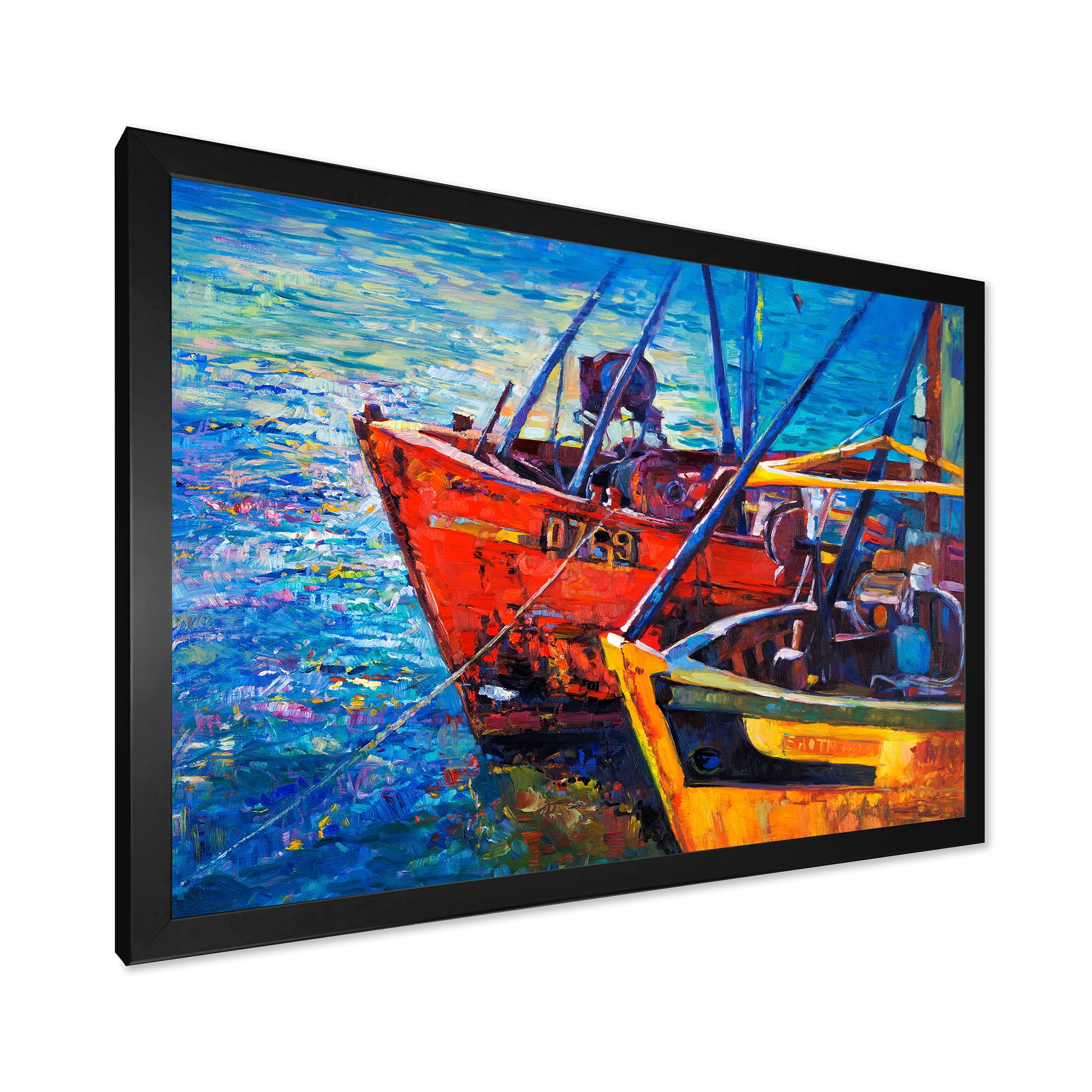Designart 'Boats During Warm Sunset Resting On The Water VII' Nautical & Coastal Framed Art Print