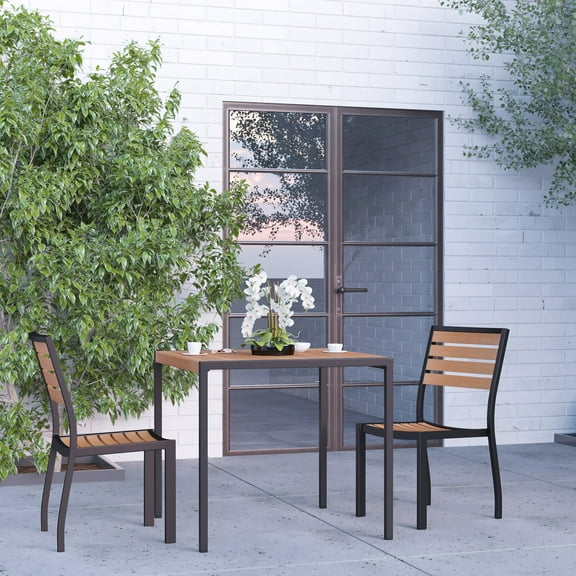 Merrick Lane Three Piece Faux Teak Patio Dining Set for Indoor and Outdoor Use - 35" Square Table and Two Armless Stacking Club Chairs