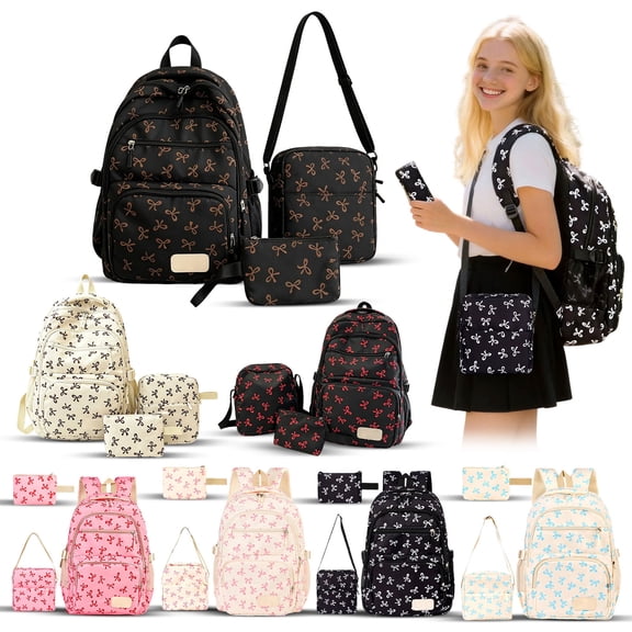 Lumtrix 3 PC Backpack Set for Teen Womens Gift Bookbag Crossbody Bag Pencil Bag Set Cut Bow Print Schoolbag Pink