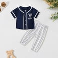 thumbnail image 2 of mgoYE 2Pcs Toddler Baby Boy Summer Baseball Outfit Set 6-12 Months Short Sleeve Baseball Button T-Shirt Top and Striped Pants Clothes Blue, 2 of 6