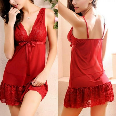 

Apocaly Women Lingerie Lace Babydoll Strap Chemise Halter V neck Sleepwear Red XXL