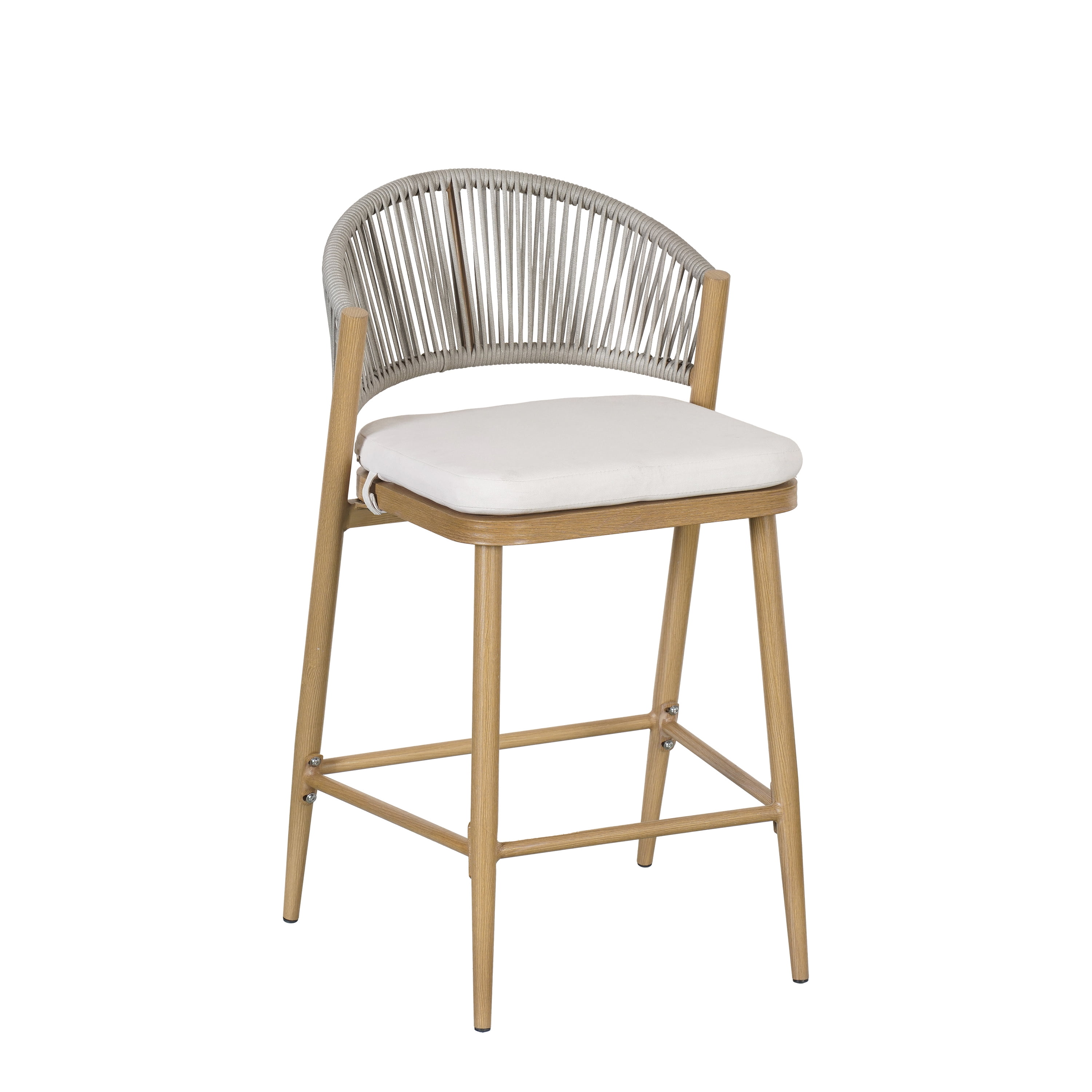 Counter Stools Set of 2, Outdoor 26 Inch Seat Height Aluminum Frame Stools with PE Rattan Scallop-Shaped Backrest, Maple Finish