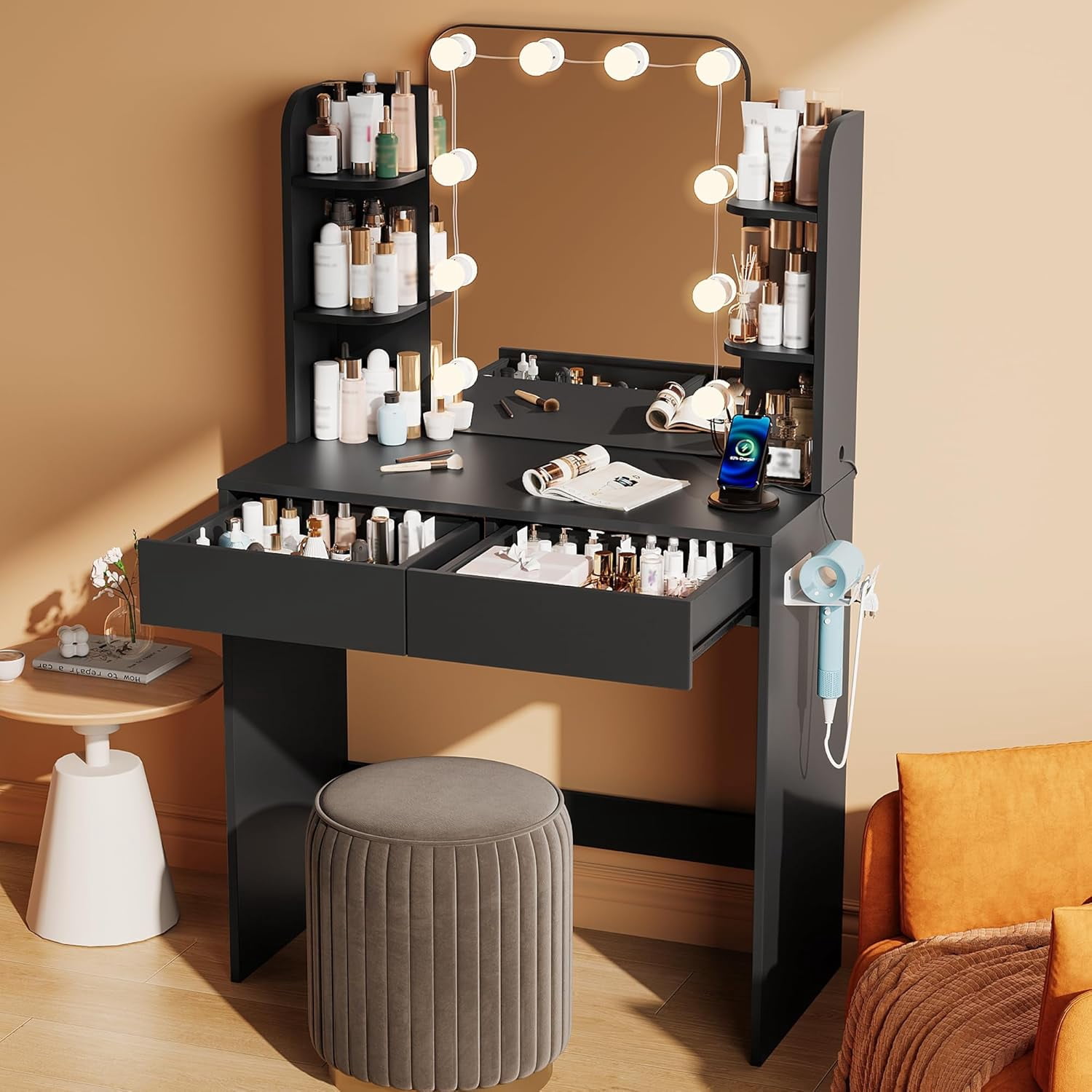 Black Small Vanity Desk with Lighted Mirror and Power Outlet, Pipleo 31.5" Makeup Table with 2 Drawers & 6 Storage Shelves, Women Girls Vanity for Small Space, Easy Assembly