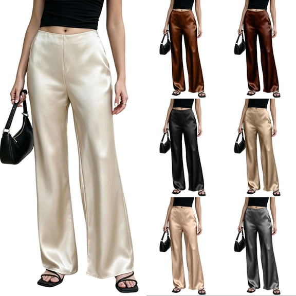 Dwellite Wide Leg Pants for Women Satin Waistband Pants Casual Long Flowy Loose Trousers 2026 Coffee L