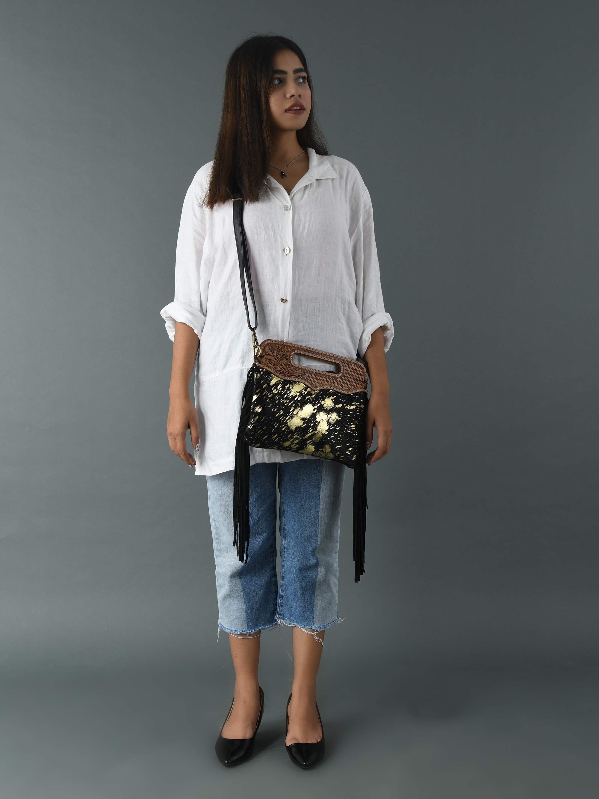 Women's Western Fringe Leather Hand Bag – Sling Bag Suede Hair-On Handbag with Adjustable Strap, Handmade Sling Purse 12"x10" Black n Golden