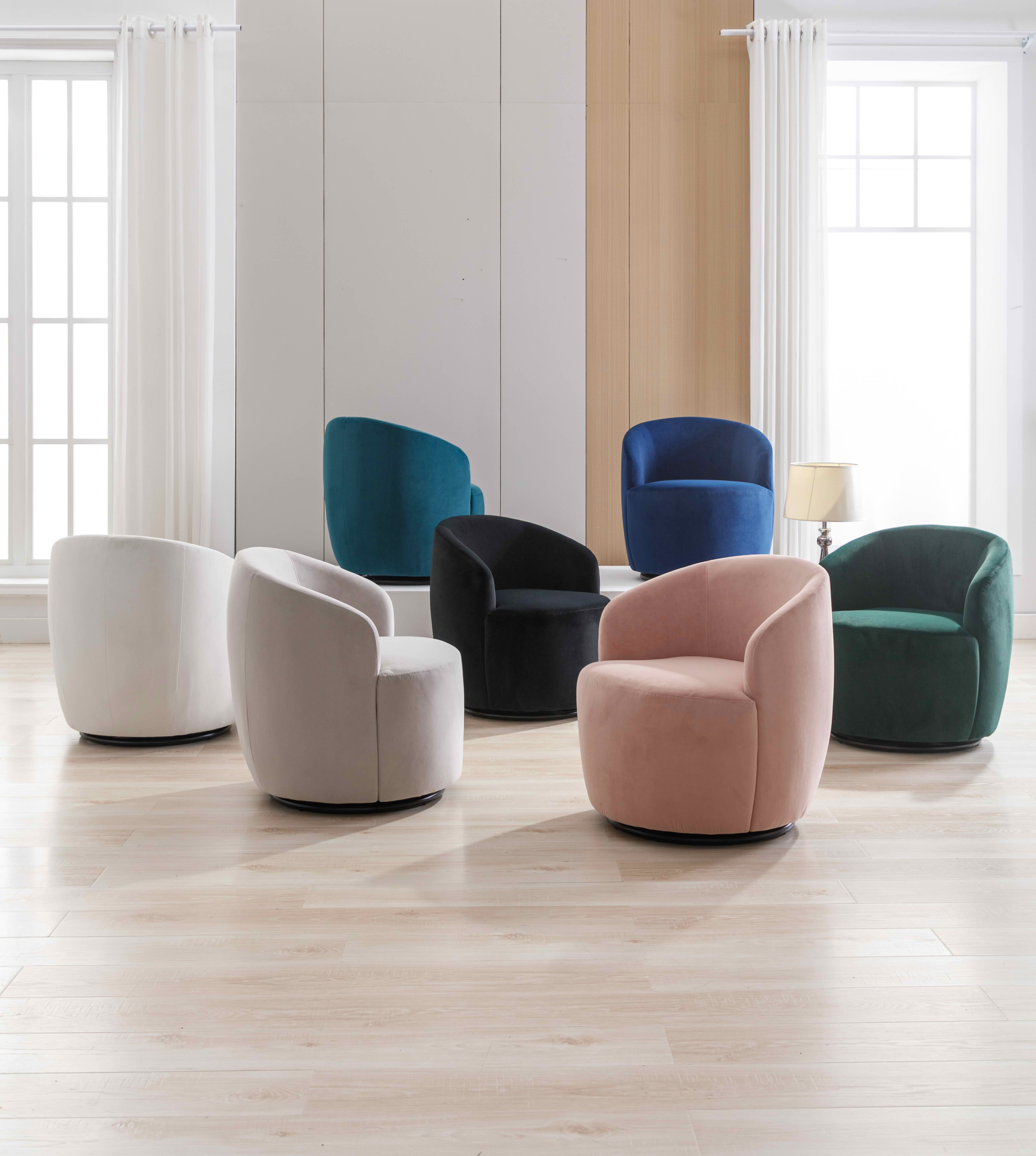 MAYEERTY Velvet Fabric Swivel Accent Armchair Barrel Chair, with Black Powder Coating Metal Ring, Blue
