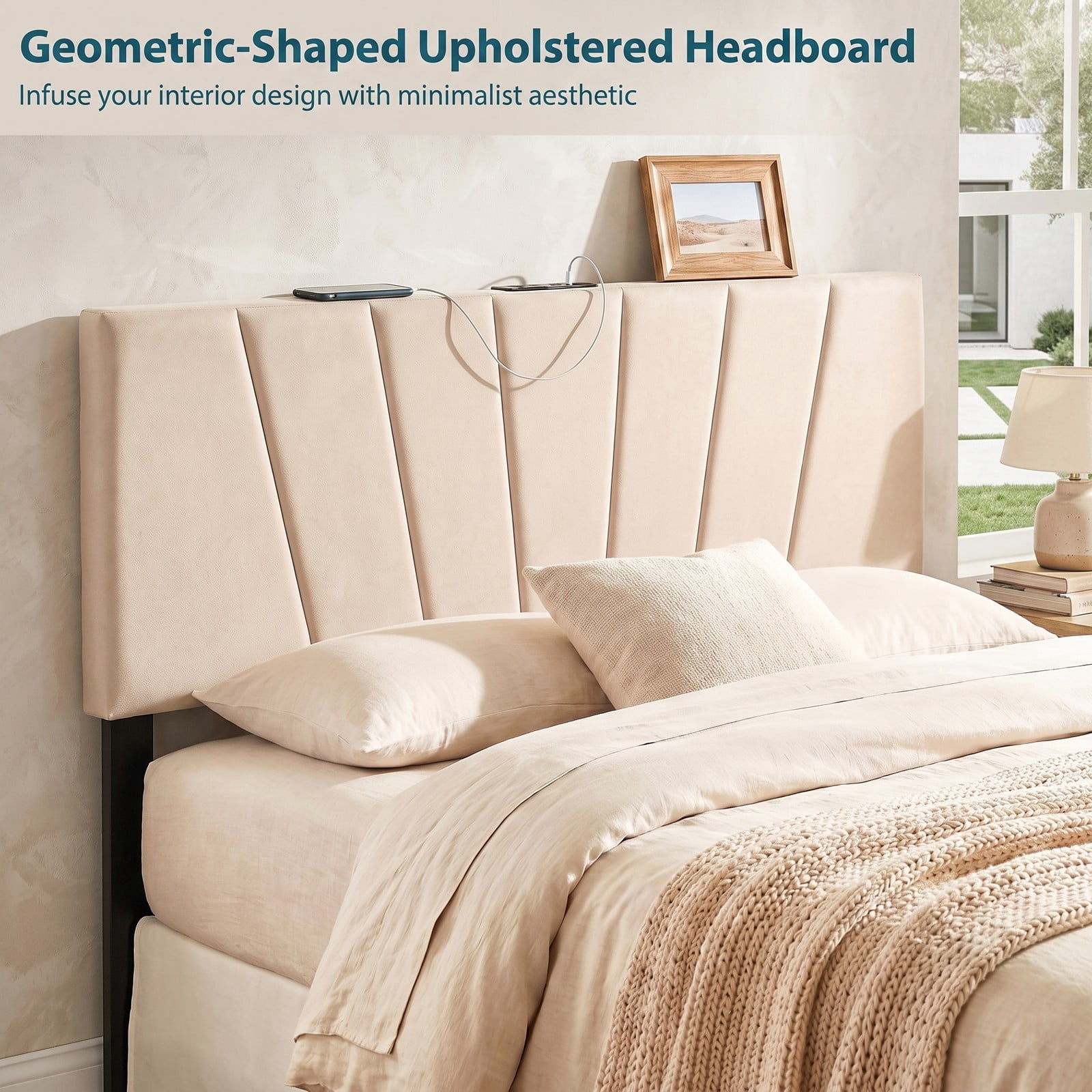 Furnibear Geometric Channel Upholstered Headboard with 2 AC Outlets and USB and Type-C Charging Ports for Full and Queen Size Beds, Beige