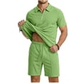 thumbnail image 2 of Havenre Men's Waffle Knit 2 Piece Outfits Summer Casual Half Zipper V Neck Collared T-Shirts and Drawstring Elastic Waist Atheltic Short Pants Set Fashion Tracksuits Green M, 2 of 10