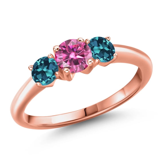 Gem Stone King 18K Rose Gold Plated Silver Pink Moissanite and London Blue Topaz Engagement Ring for Women | 1.16 Cttw | Round 5MM | Gemstone Birthstone | Size 6
