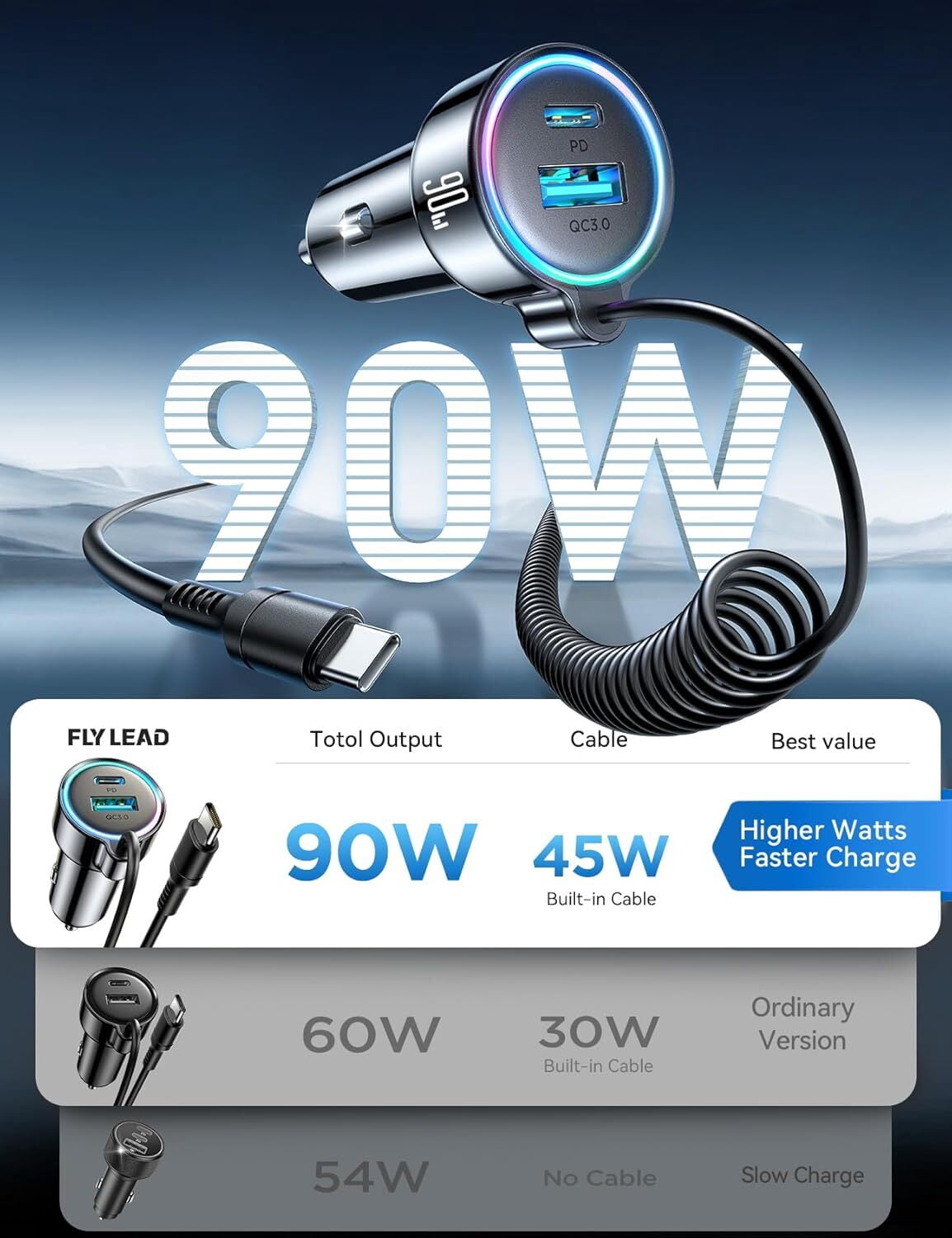 (2 pack) JOYROOM USB C Car Charger, 90W Fast Charging Dual Port PD & QC 3.0 Car Phone Charger Adapter with 5ft Built-in Type C Cable for iPhone, Samsung, Android Phones, Tablets