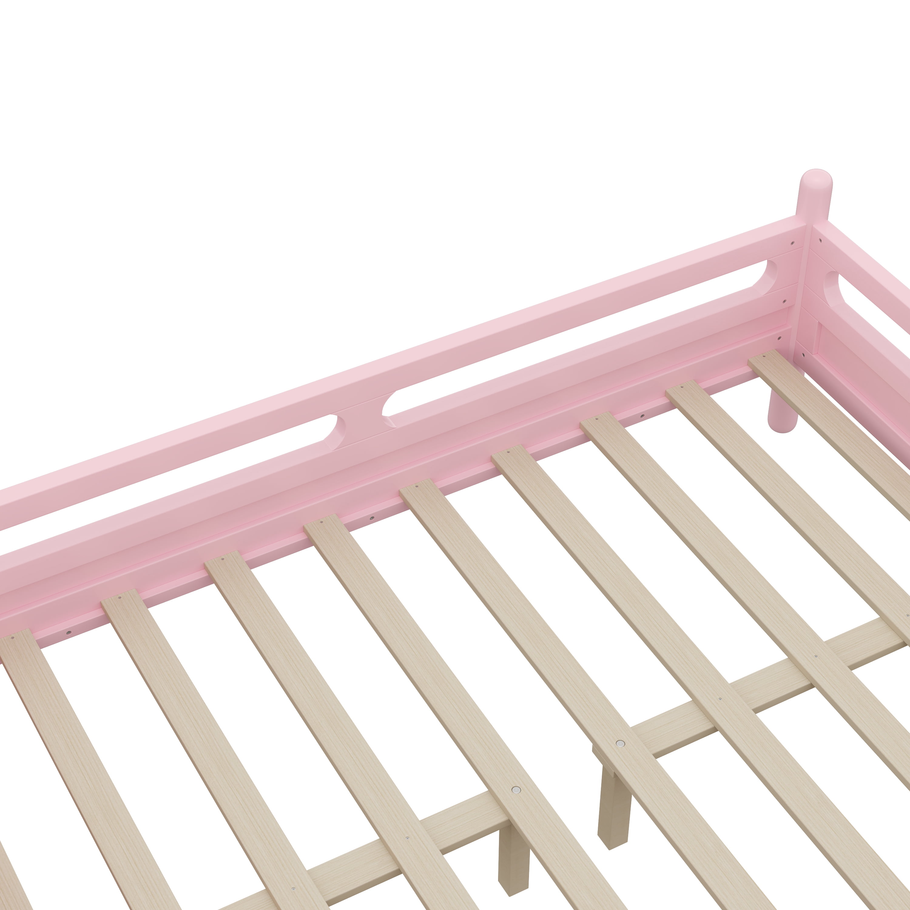 Euroco Wood Full Size Platform Bed, Low Profile Bed with Guardrails and Slats Support, Pink