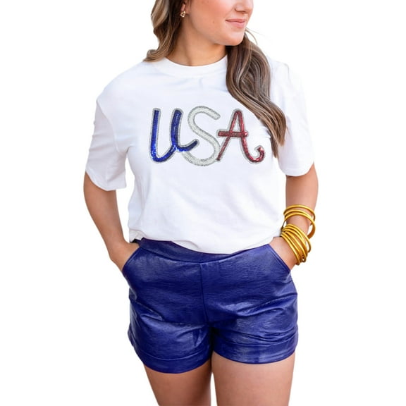 Women's White Sequin USA Graphic Crew Neck Tee - Patriotic Summer Top | [ZhiHiMeRi] | (US 20-22)2XL