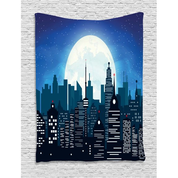 City Tapestry, Silhouette Cityscape Under Night Sky with Full Moon Urban Architecture Modern Capital, Wall Hanging for Bedroom Living Room Dorm Decor, 60W X 80L Inches, Multicolor, by Ambesonne