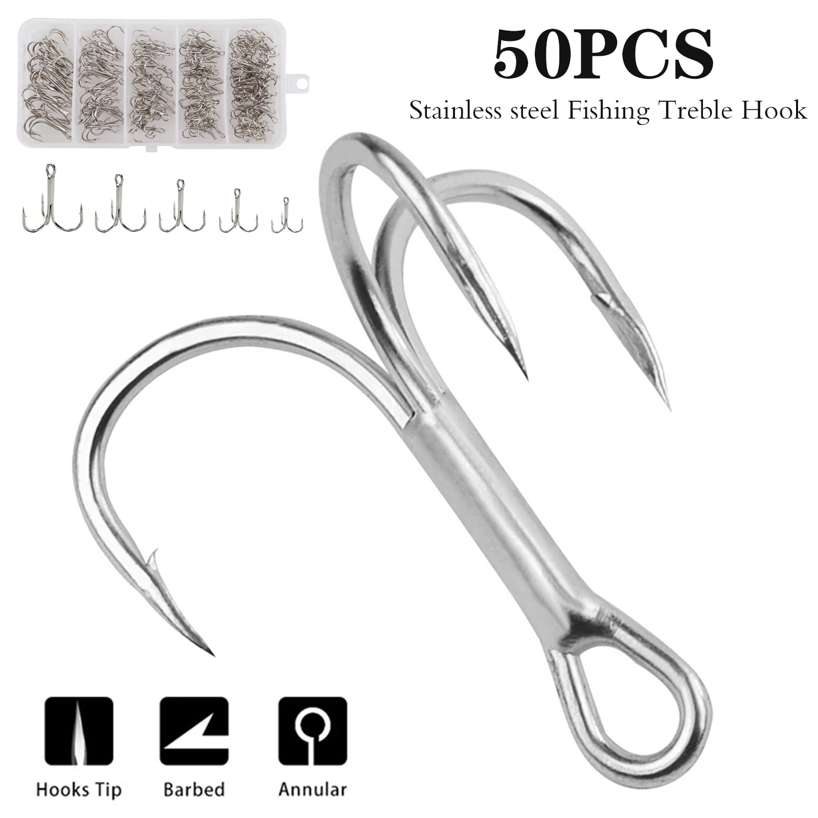 50PCS/Box S/M/L Fishing Triple Barbed Hooks Metal Sharpened Treble Hook 