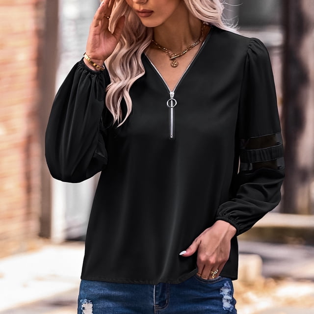 Jersey Con Cuello En V Top Jersey Con Cremallera 1/4 Jersey De Manga Larga Para Mujer Jersey Top Casual Con Cuello En V Jersey Top Jersey Con Cuello En V Top Hueco Manga Larga ANGGREK Negro S