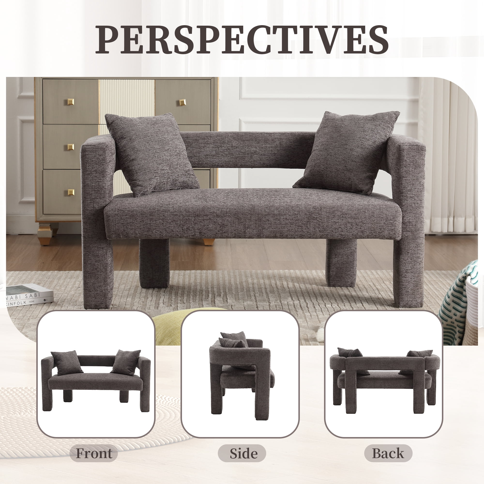 MOONMISS Chenille Upholstered Modern Comfy 2-Seater Loveseat Chair with 2 Pillows-Gray
