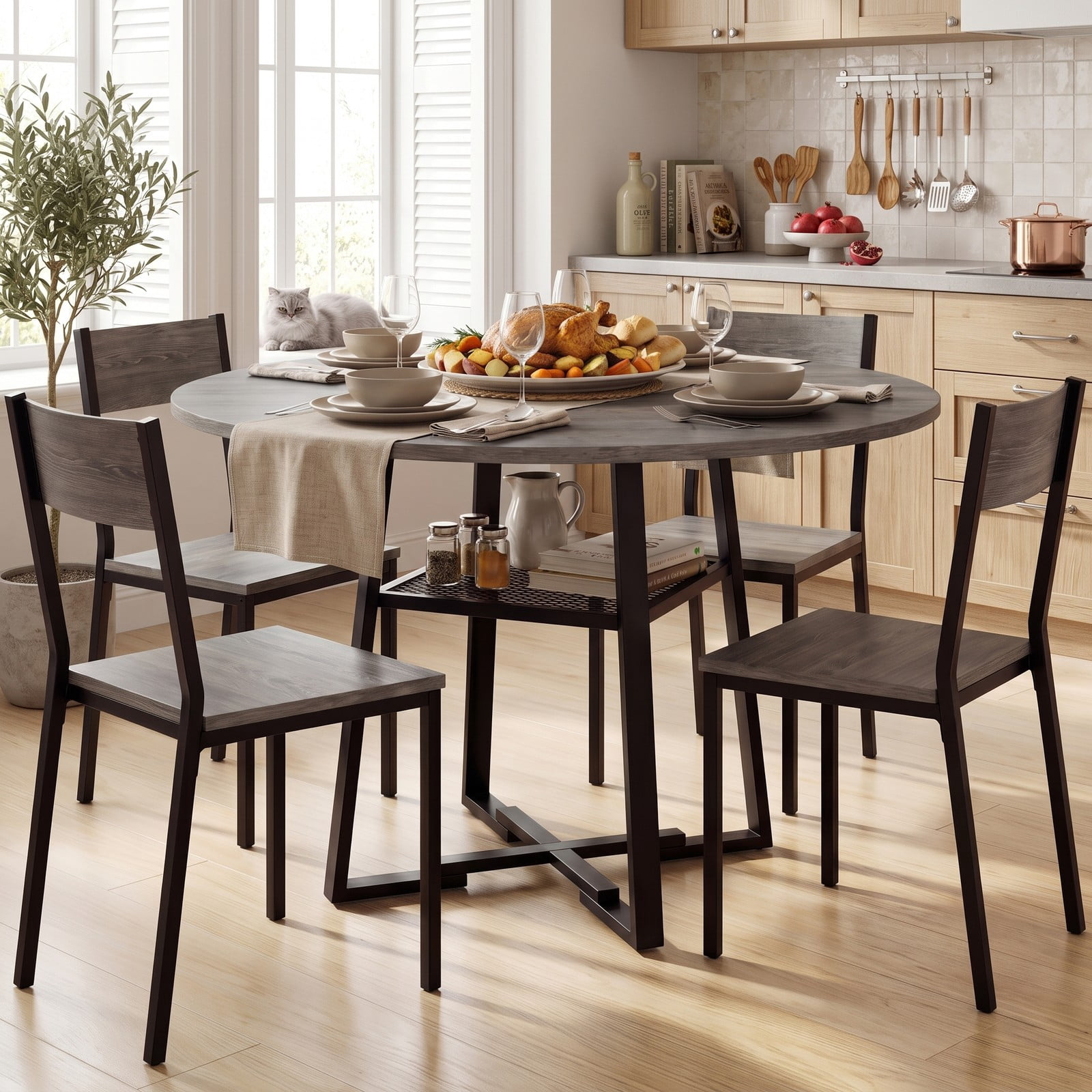 Furnibear 47.5" Round Dining Table for 4-6 with Storage Shelf, Metal Legs and MDF Tabletop, Kitchen Dinette Table with Rubber Wood Crossbars for Home Apartment, Gray