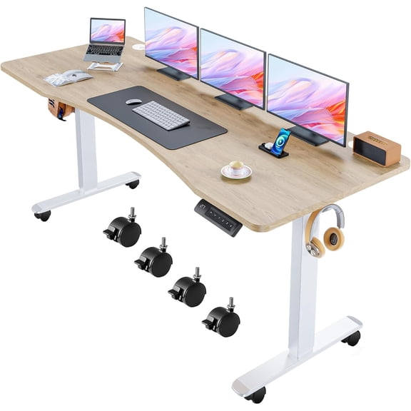Electric Adjustable Standing Desk with Wheels, 63'' x 24''Sit Stand Desk with Dual Crossbeam and Mouse Pad, 27''-46'' Lifting Range Computer Table with Ergonomic Arc Desktop (Oak Arc)