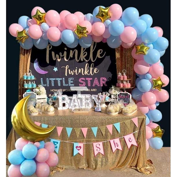 Gender Reveal Balloon Garland Arch Kit 109pcs Pink Blue And Gold Moon Star Balloons For Baby Boys Or Girls He Or She Twinkle Twinkle Little Star Theme Party Decorations Walmart Com