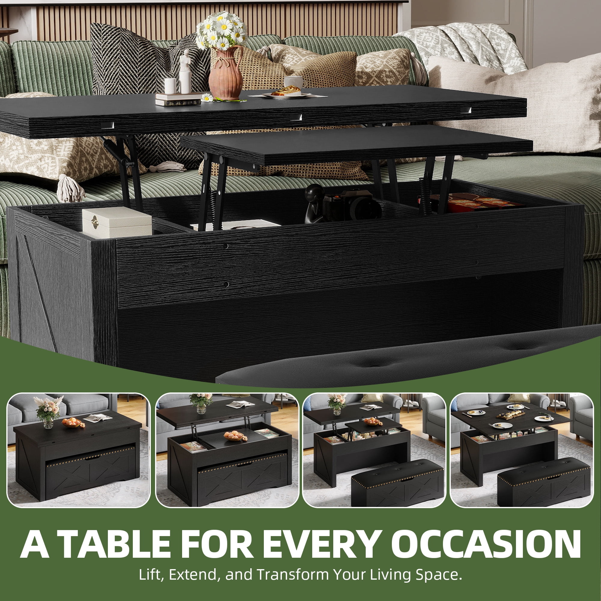 Uforic Wood Lift Top Coffee Table with Rolling Ottoman Storage Bench, Black