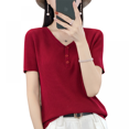 thumbnail image 1 of Womens Short Sleeve V Neck Shirts Casual Summer Waffle Knit Tunic Tops Loose Fit Button Boho Patchwork T Shirts(Red S), 1 of 3