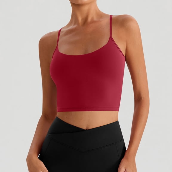 Xdegoge Longline Sports Bras for Women Spaghetti Strap Wirefree Low Support Workout Cami Tops Seamless Comfort Lightly Padded Yoga Activewear for Pilates Everyday