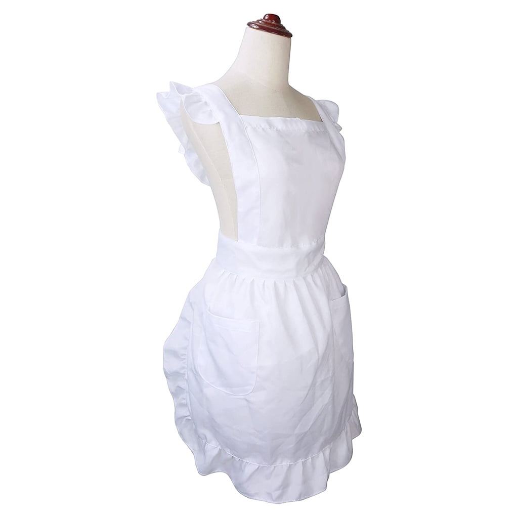 CIYISON Womens Girls Ruffles Outline Retro White Apron with Pockets Adjustable Victorian Bib Maid Cosplay Kitchen Baking Costume