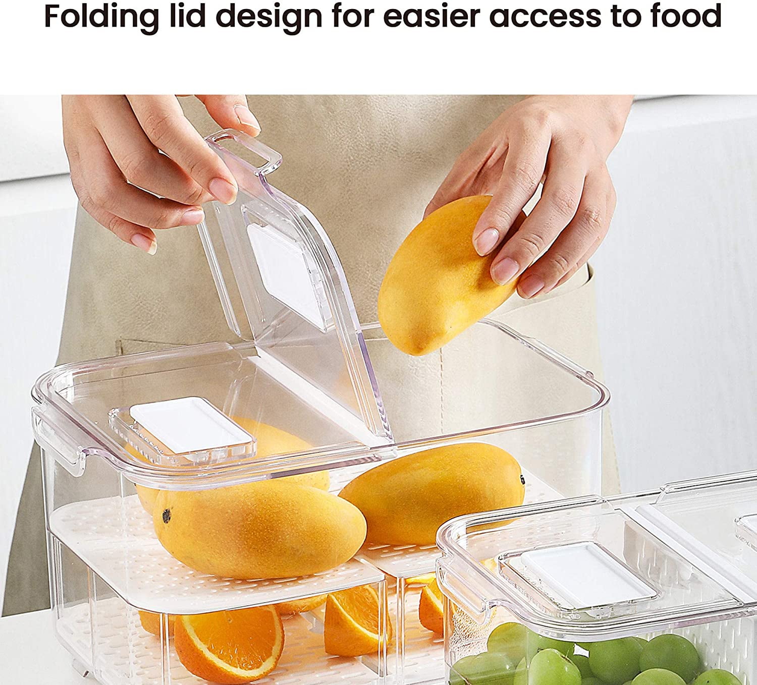 Extra Large Fruit Vegetable Storage Container with Folding Lids, 3 Pack Produce Saver with Vents Stackable Fridge Organizer Salad Lettuce Keeper For Refrigerator, 9L&5.7L&2.8L
