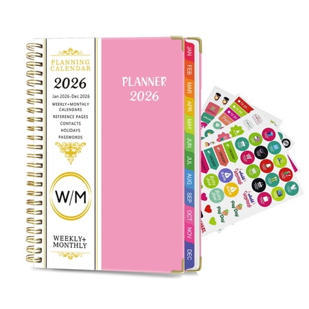 Behome Planner 2026-2027, Academic Monthly & Weekly Planner with Stickers and Tabs, July 2026 - June 2027, 8.5" x 6.5", Hardcover Calendar Planner for School & Office,Pink