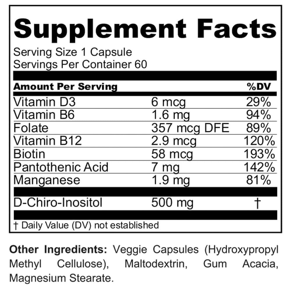 60 Day Supply | D-Chiro Inositol Supplement for PCOS - 475mg | Folic Acid, Vitamin B6, B12, D3 & Biotin | Polycystic Ovary Syndrome | Hormonal Balance | SOP® NIAM