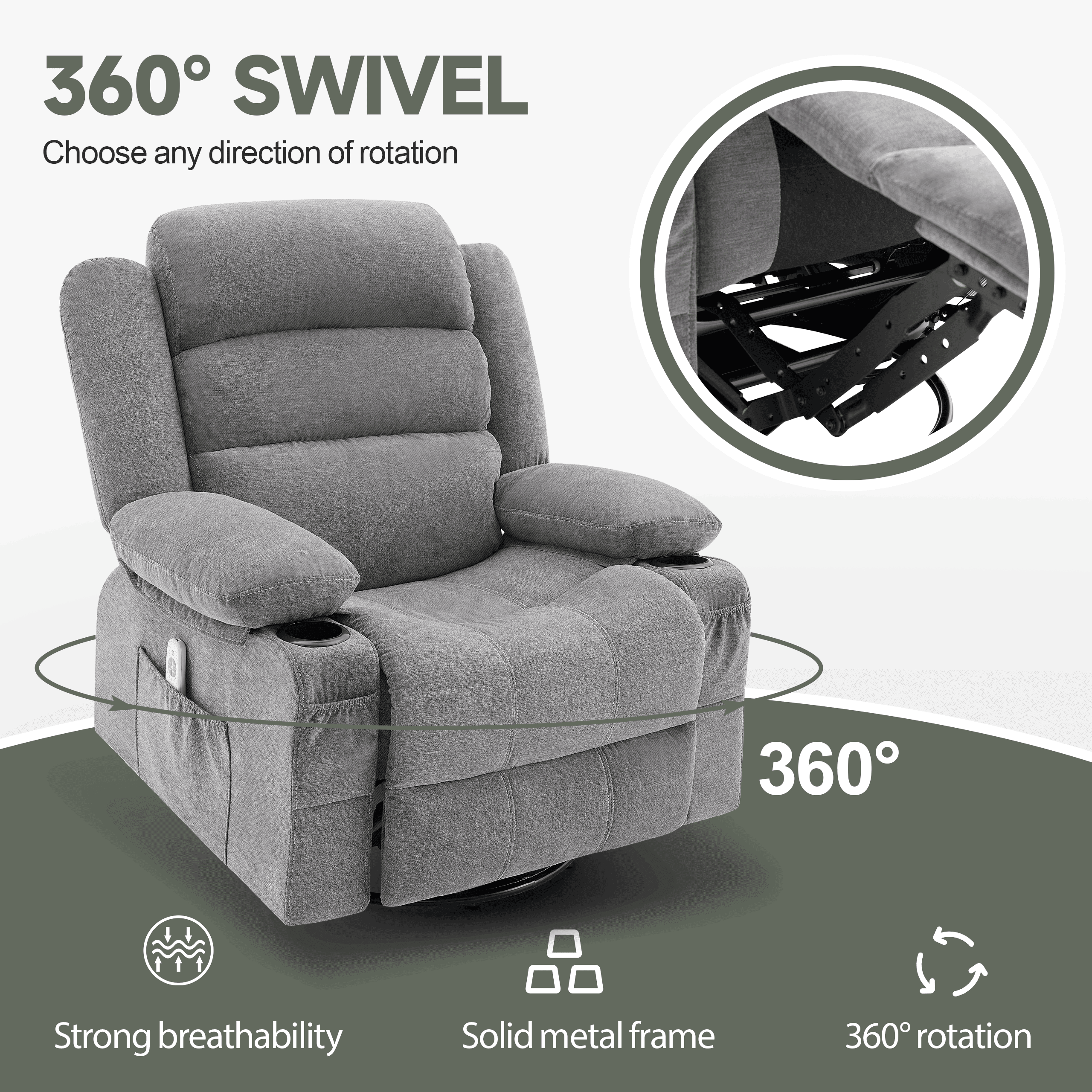 Rocker Recliner Chair with Heat and Massage, 360° Swivel Recliner Chairs for Adults, Oversized Recliner Single Sofa Seat with Cup Holders, Lazy Boy Recliner Single Sofa Seat, Grey