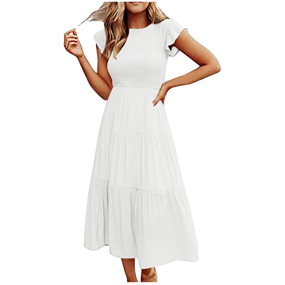 Tumotour Summer Dresses for Women A-Line Round Neck Solid Color Ruffle Casual Dress Tea Length Short Sleeve Midi Dress Swing Flowy Boho Dresses for Going Out Beach Date Vacation