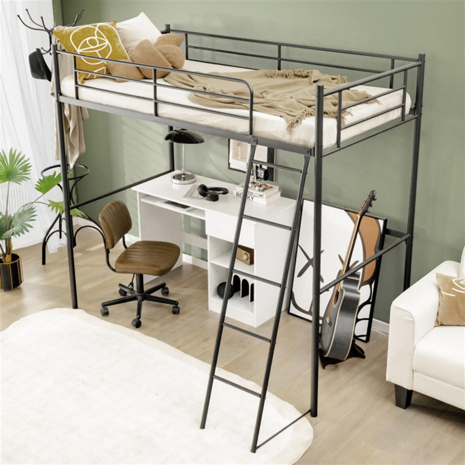 Demi Bonn Twin Metal Loft Bed with Ladderand High Guard Rails for Teens, Black