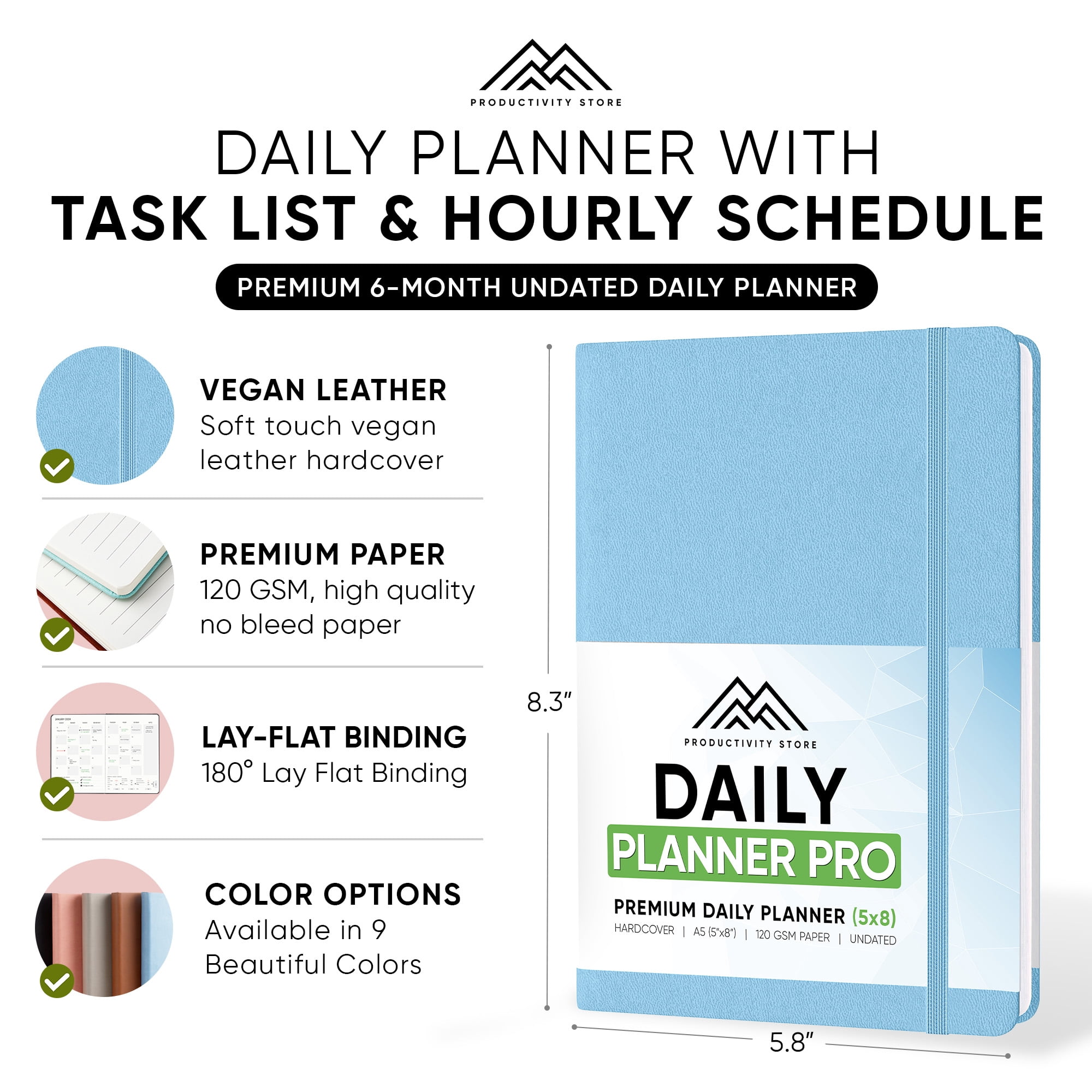 2024 Daily Planner - 6-Month Undated Daily Planner With Daily Tasks, Goals & Schedule - Best Goal Planner For Productivity and Personal Success - A5 5" x 8" Size -  Light Blue -Productivity Store