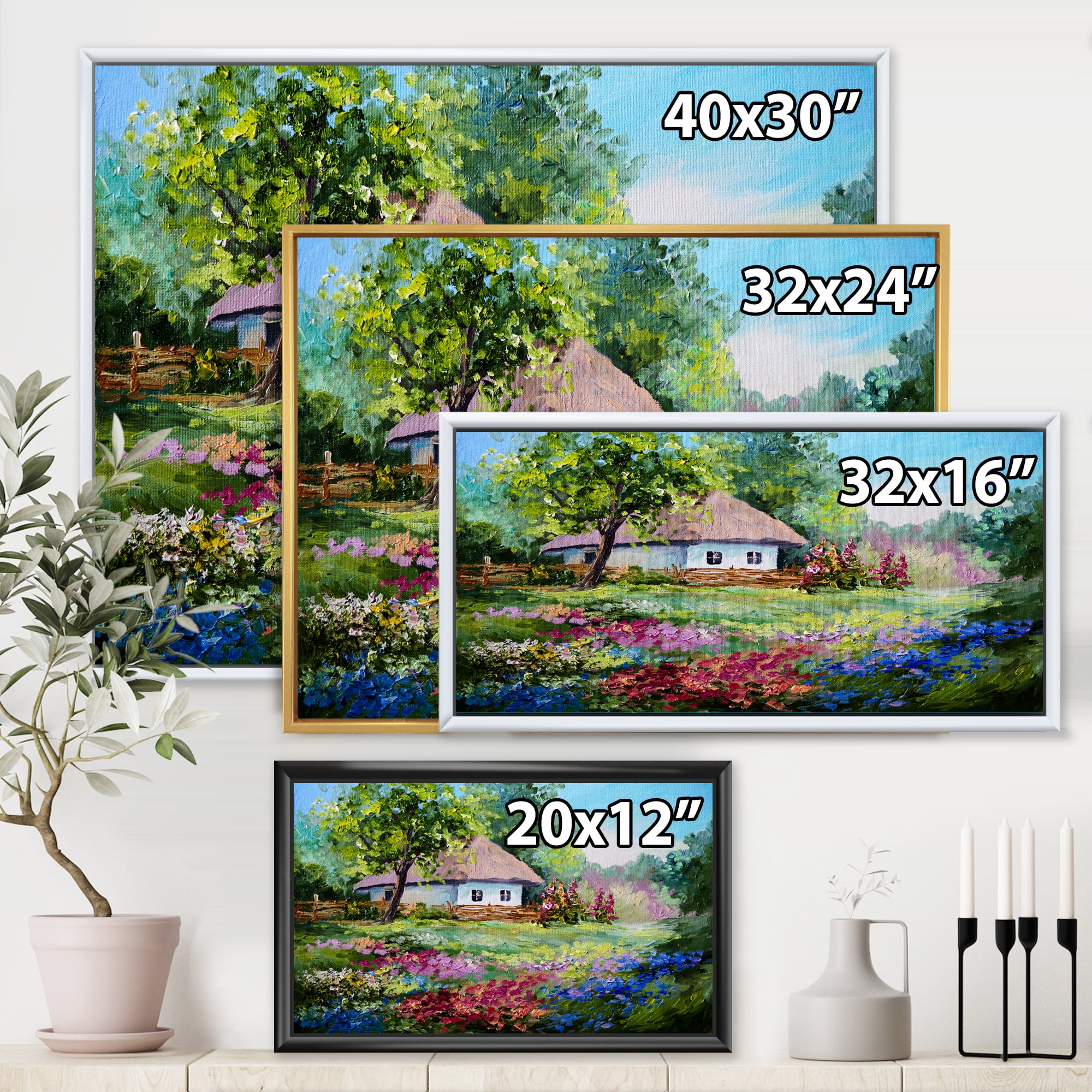House With Blossoming Flowers On The Mountain I 32 in x 16 in Framed Painting Canvas Art Print, by Designart