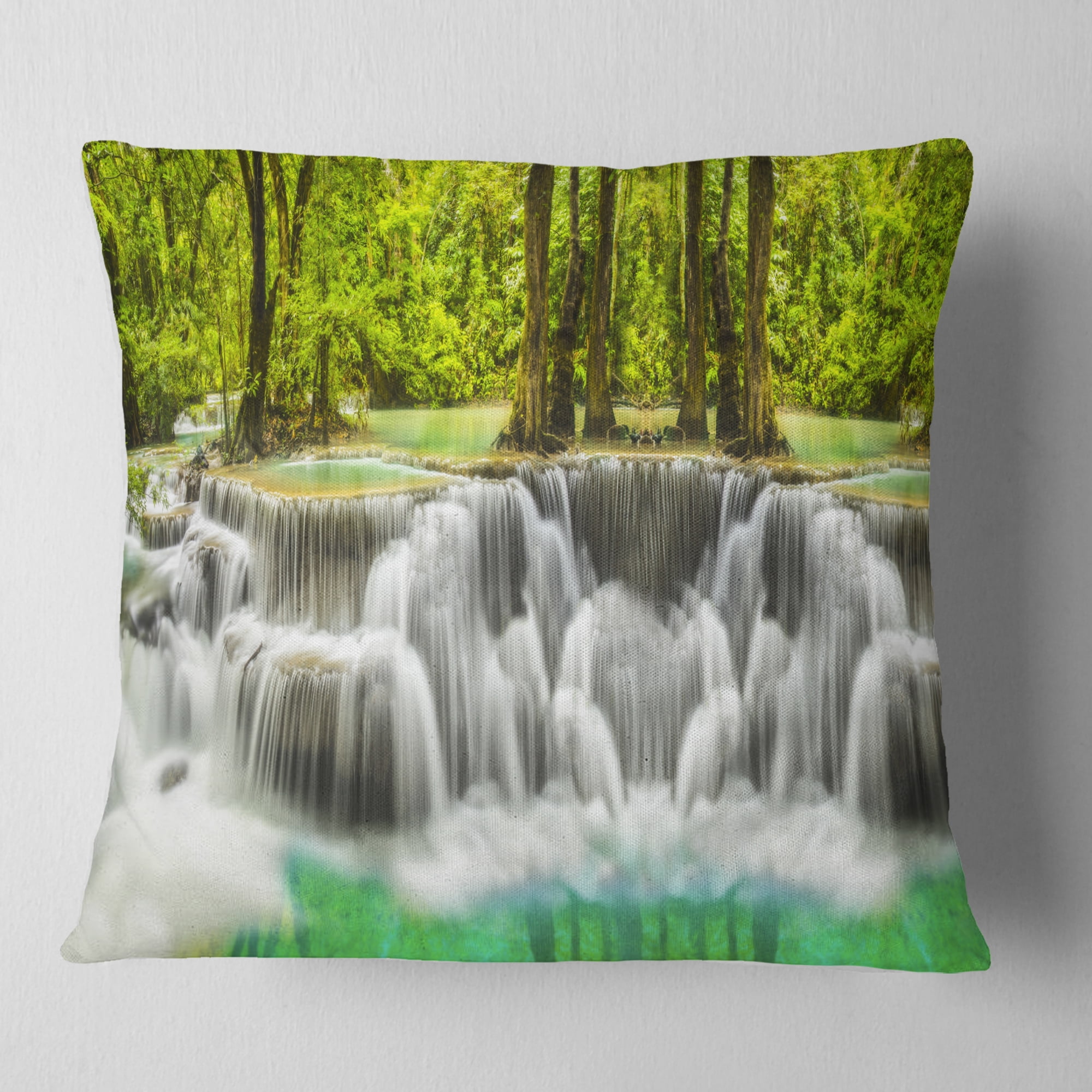 Designart Erawan Waterfall Kanchanaburi Province - Throw Pillow - 18x18