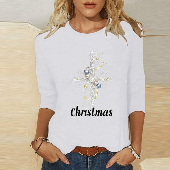 Craaazy Women's Shirts Christmas Printed 3/4 Sleeve Casual Tops Gifts