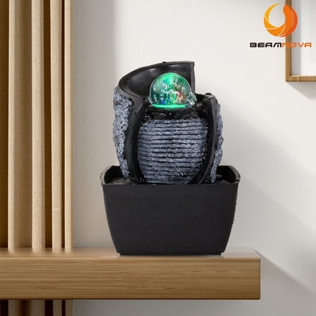 BEAMNOVA 7.3"H Indoor Tabletop Fountain with Rolling Ball & LED Light, Small Resin Rock Waterfall Fountain Decor
