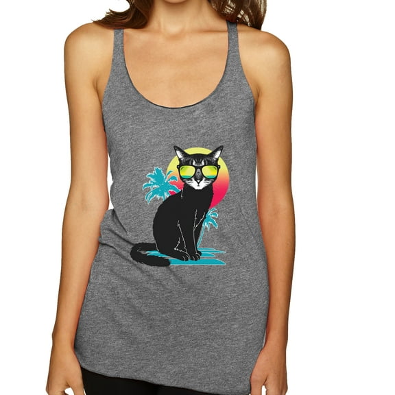 Cool California Beach Kitten Silhouette Sun Cat | Womens Cat Lover Premium Tri-Blend Racerback Tank Top, Premium Heather, X-Large
