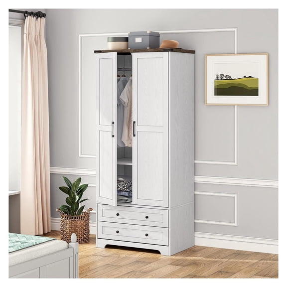 2 Doors Wooden Armoire Wardrobe Closet with 2 Drawers, White