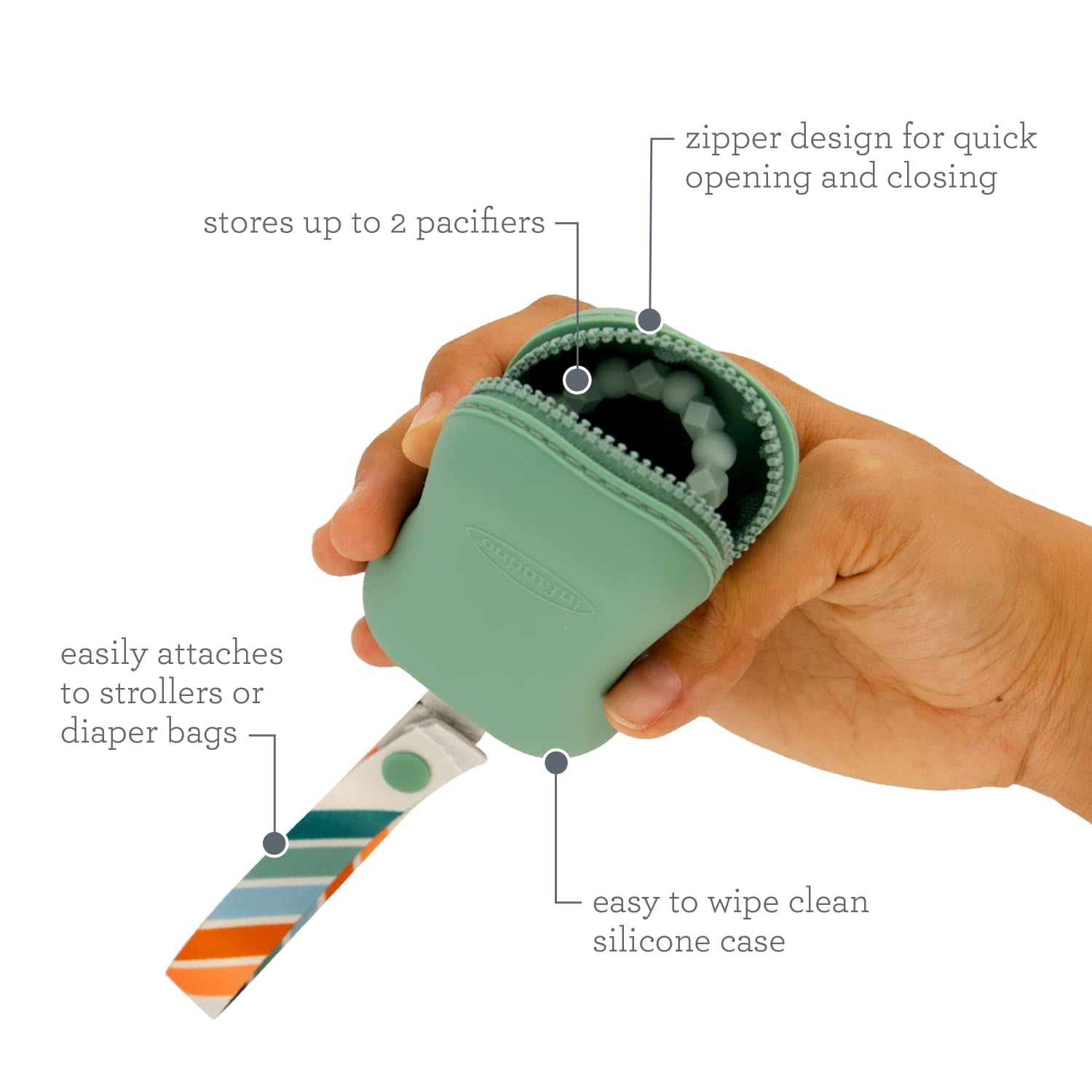Infantino PaciPod - Premium Silicone Pacifier Holder, Attaches to Stroller or Diaper Bag, Stores up to 2 Pacifiers, Easy to Clean, Unisex, Sage
