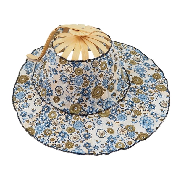 Sombrero para el sol 2 en 1, plegable, de bambú, con diseño floral y protector solar para viajes diarios. flor azul