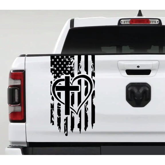 AnyStickerYouWant Distressed American Flag with Cross Truck Tailgate Vinyl Decal Compatible with Most Pickup Trucks Faith Patriotic Christian Cross USA Sticker (11" x 25")