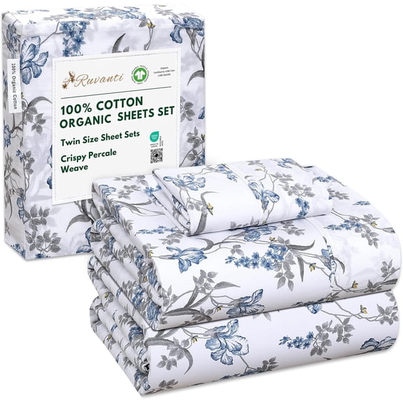 RUVANTI 100% Organic Cotton Sheets - Twin Sheet Set - 3 Piece Percale Weave Bedding, Crisp, Cooling & Breathable, Soft & Durable, 16" Deep Pocket, Hotel Quality Sábanas - Deluxe