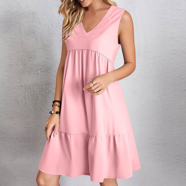 Ndbuld Robes d'Été Midi pour Femmes, Été, Col en V, Couleur Unie, Décontractées, Taille Haute, Sans Manches, Liquidation à Moins de 5 $